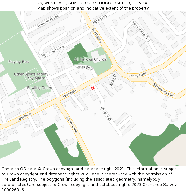 29, WESTGATE, ALMONDBURY, HUDDERSFIELD, HD5 8XF: Location map and indicative extent of plot