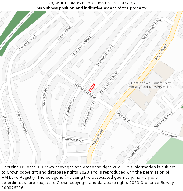 29, WHITEFRIARS ROAD, HASTINGS, TN34 3JY: Location map and indicative extent of plot