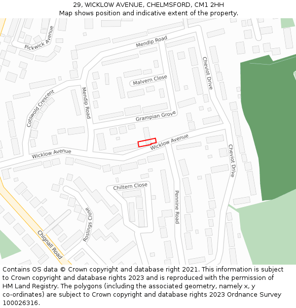 29, WICKLOW AVENUE, CHELMSFORD, CM1 2HH: Location map and indicative extent of plot