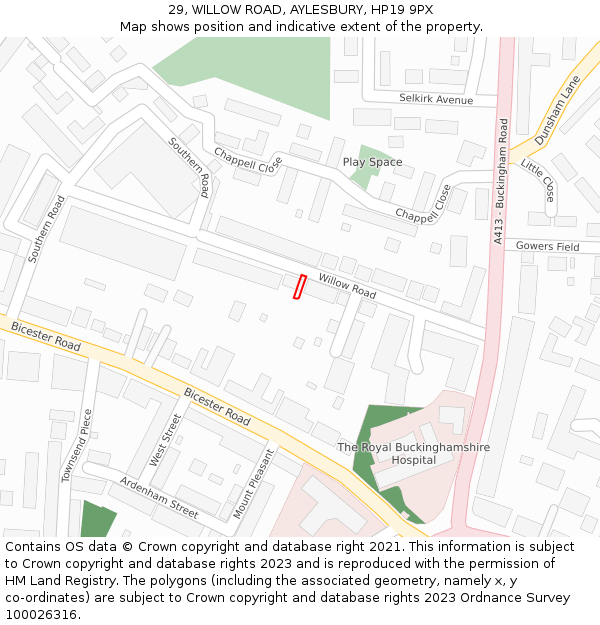 29, WILLOW ROAD, AYLESBURY, HP19 9PX: Location map and indicative extent of plot