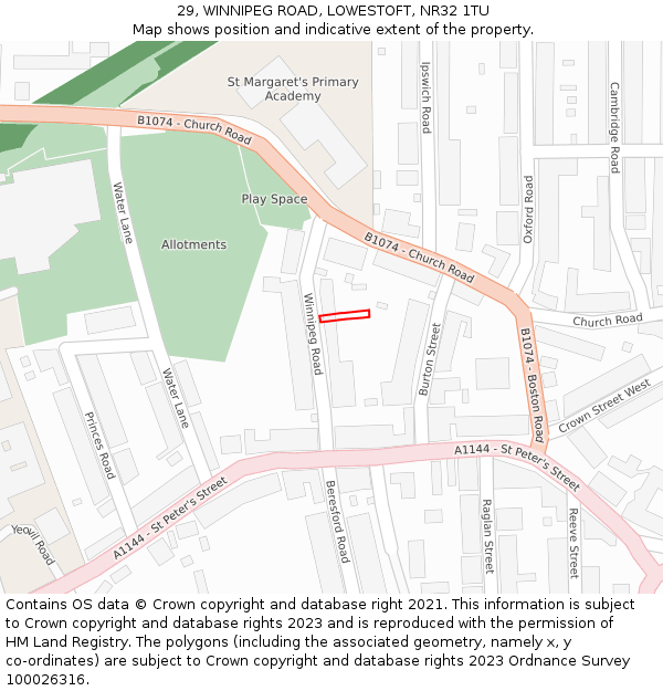 29, WINNIPEG ROAD, LOWESTOFT, NR32 1TU: Location map and indicative extent of plot