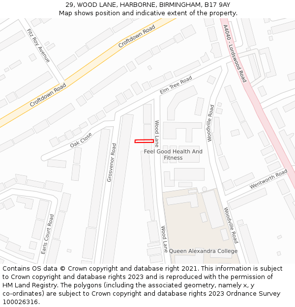 29, WOOD LANE, HARBORNE, BIRMINGHAM, B17 9AY: Location map and indicative extent of plot