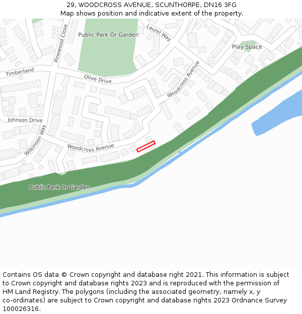 29, WOODCROSS AVENUE, SCUNTHORPE, DN16 3FG: Location map and indicative extent of plot