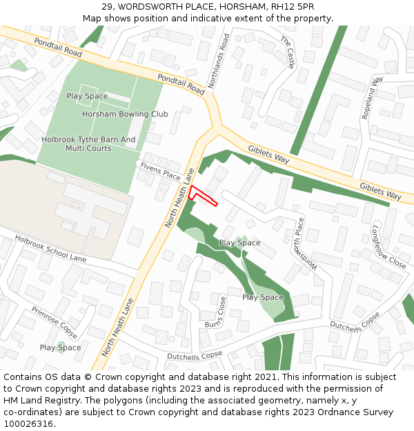 29, WORDSWORTH PLACE, HORSHAM, RH12 5PR: Location map and indicative extent of plot