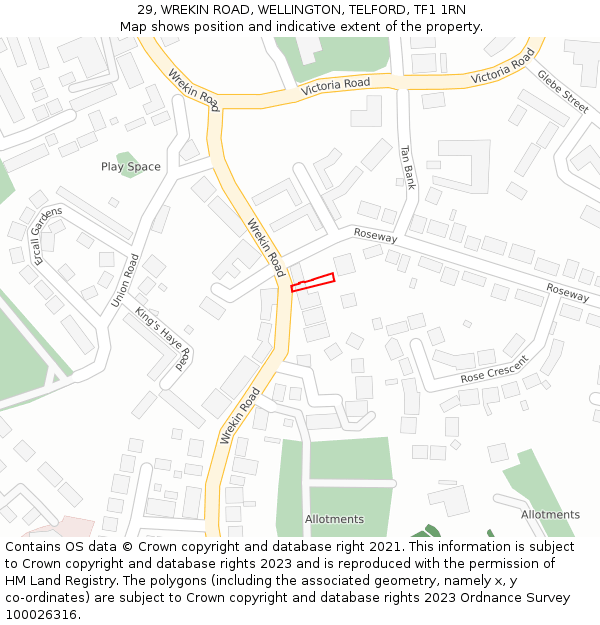 29, WREKIN ROAD, WELLINGTON, TELFORD, TF1 1RN: Location map and indicative extent of plot