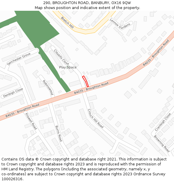 290, BROUGHTON ROAD, BANBURY, OX16 9QW: Location map and indicative extent of plot