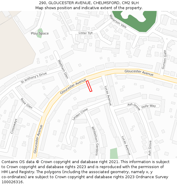 290, GLOUCESTER AVENUE, CHELMSFORD, CM2 9LH: Location map and indicative extent of plot