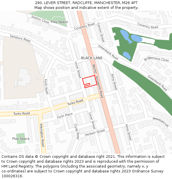 290, LEVER STREET, RADCLIFFE, MANCHESTER, M26 4PT: Location map and indicative extent of plot