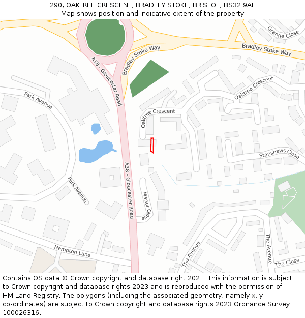 290, OAKTREE CRESCENT, BRADLEY STOKE, BRISTOL, BS32 9AH: Location map and indicative extent of plot