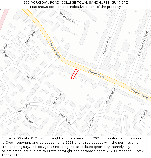 290, YORKTOWN ROAD, COLLEGE TOWN, SANDHURST, GU47 0PZ: Location map and indicative extent of plot