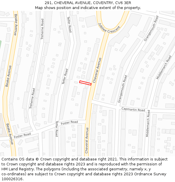 291, CHEVERAL AVENUE, COVENTRY, CV6 3ER: Location map and indicative extent of plot