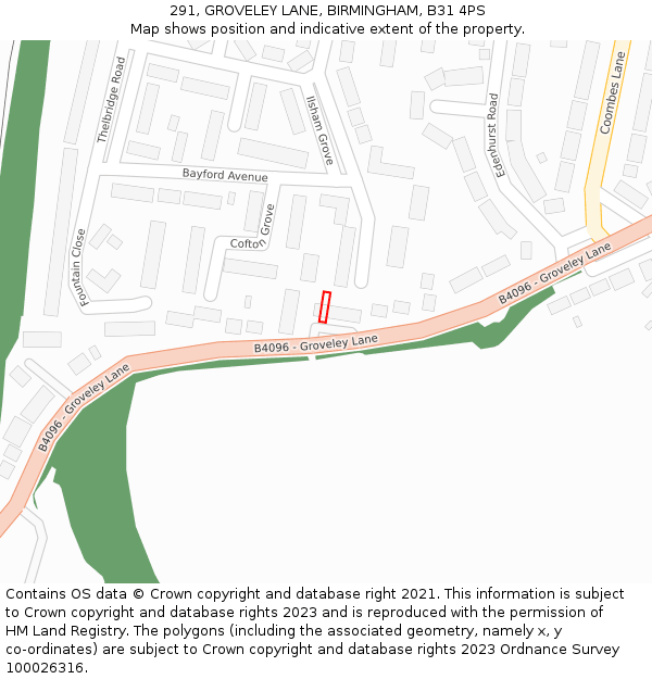 291, GROVELEY LANE, BIRMINGHAM, B31 4PS: Location map and indicative extent of plot