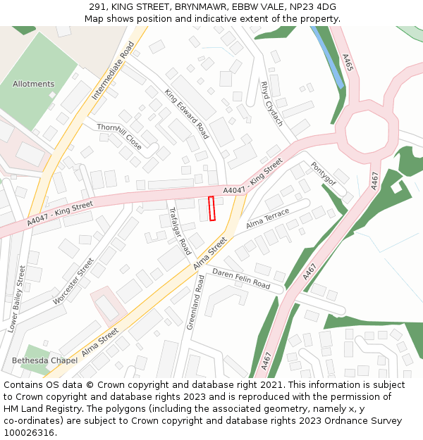 291, KING STREET, BRYNMAWR, EBBW VALE, NP23 4DG: Location map and indicative extent of plot