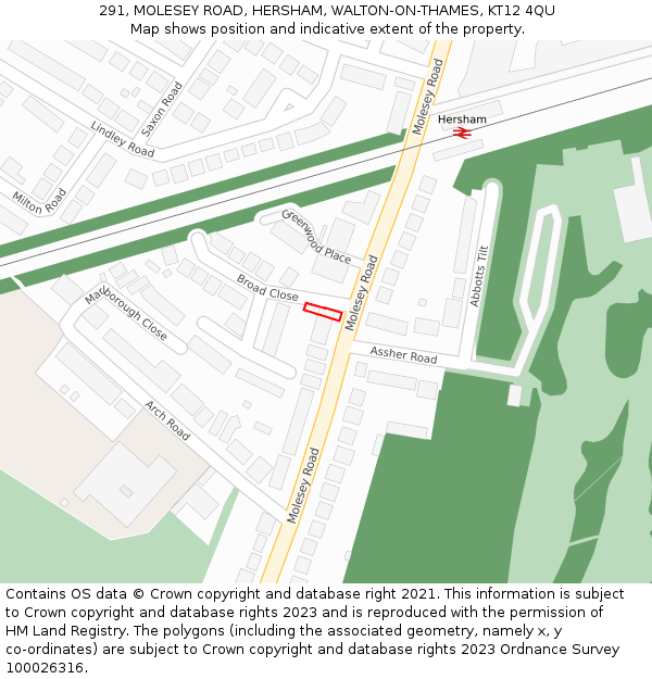 291, MOLESEY ROAD, HERSHAM, WALTON-ON-THAMES, KT12 4QU: Location map and indicative extent of plot