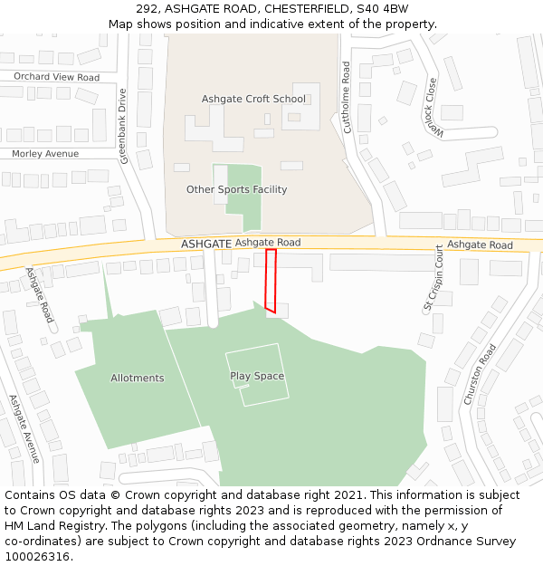292, ASHGATE ROAD, CHESTERFIELD, S40 4BW: Location map and indicative extent of plot
