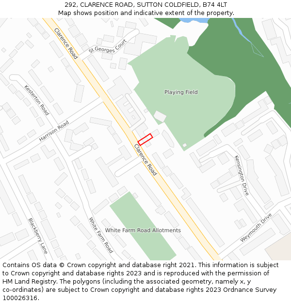 292, CLARENCE ROAD, SUTTON COLDFIELD, B74 4LT: Location map and indicative extent of plot