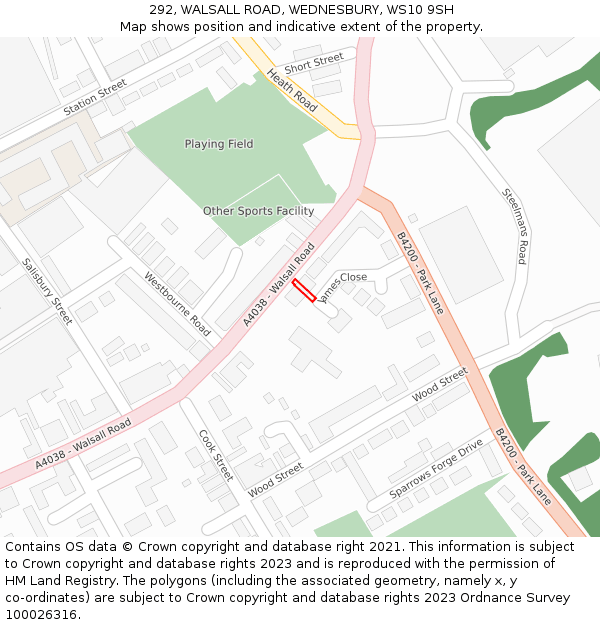 292, WALSALL ROAD, WEDNESBURY, WS10 9SH: Location map and indicative extent of plot