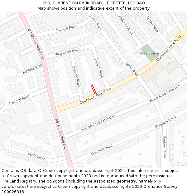 293, CLARENDON PARK ROAD, LEICESTER, LE2 3AQ: Location map and indicative extent of plot