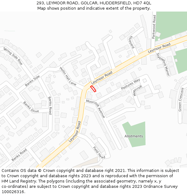 293, LEYMOOR ROAD, GOLCAR, HUDDERSFIELD, HD7 4QL: Location map and indicative extent of plot