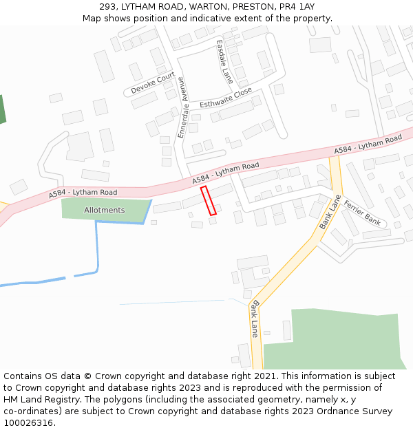 293, LYTHAM ROAD, WARTON, PRESTON, PR4 1AY: Location map and indicative extent of plot