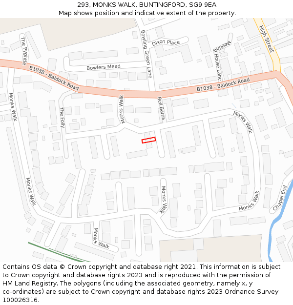 293, MONKS WALK, BUNTINGFORD, SG9 9EA: Location map and indicative extent of plot
