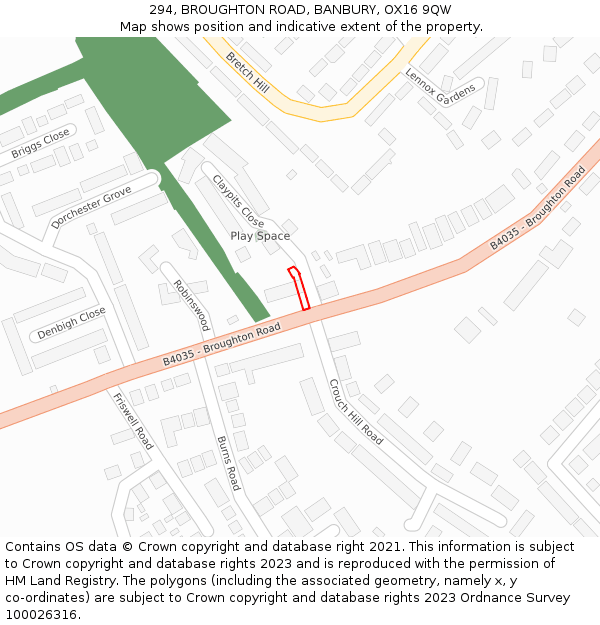294, BROUGHTON ROAD, BANBURY, OX16 9QW: Location map and indicative extent of plot