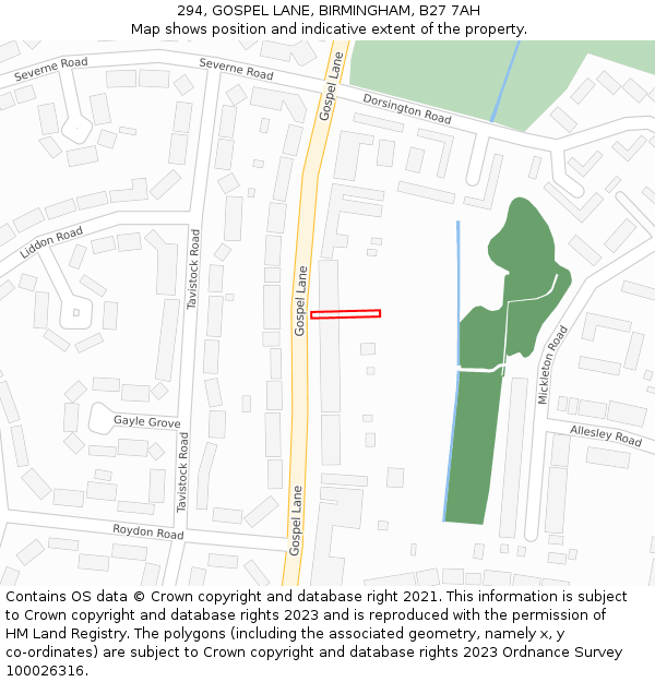 294, GOSPEL LANE, BIRMINGHAM, B27 7AH: Location map and indicative extent of plot