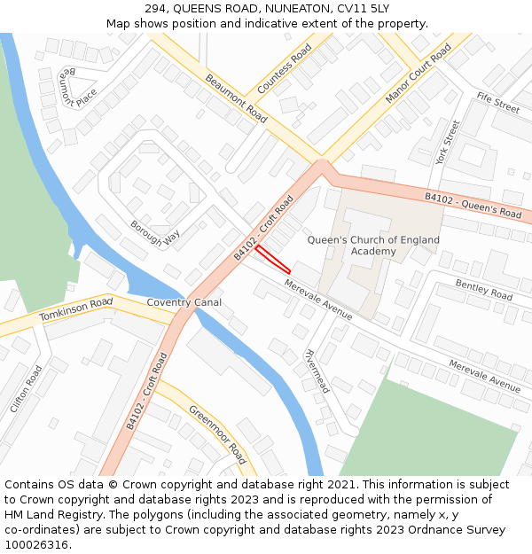 294, QUEENS ROAD, NUNEATON, CV11 5LY: Location map and indicative extent of plot