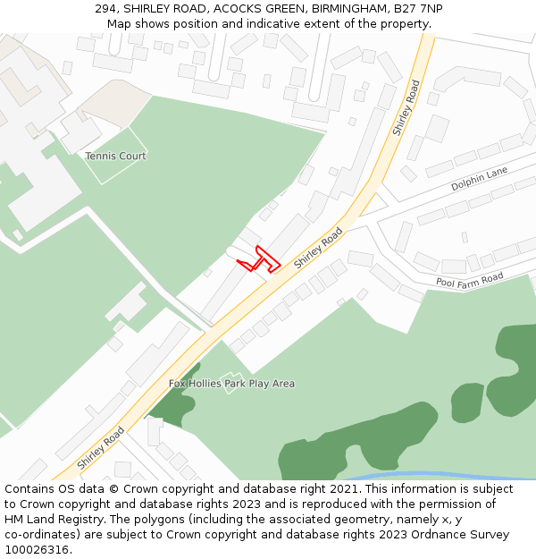 294, SHIRLEY ROAD, ACOCKS GREEN, BIRMINGHAM, B27 7NP: Location map and indicative extent of plot