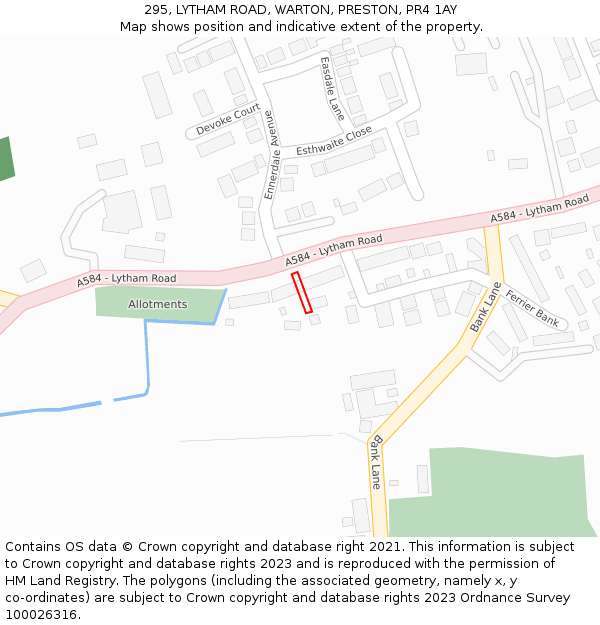 295, LYTHAM ROAD, WARTON, PRESTON, PR4 1AY: Location map and indicative extent of plot