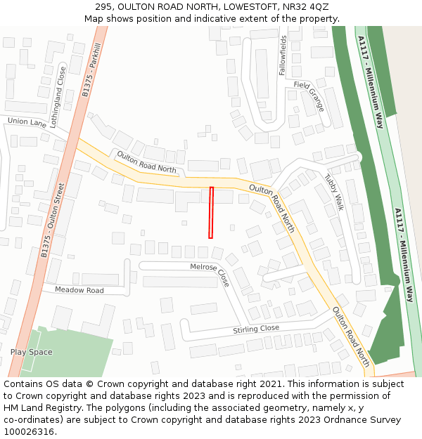 295, OULTON ROAD NORTH, LOWESTOFT, NR32 4QZ: Location map and indicative extent of plot