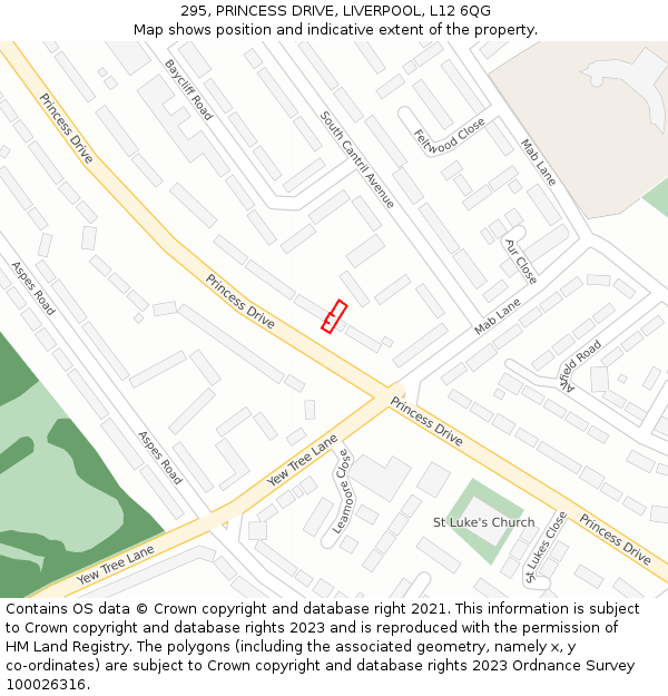 295, PRINCESS DRIVE, LIVERPOOL, L12 6QG: Location map and indicative extent of plot