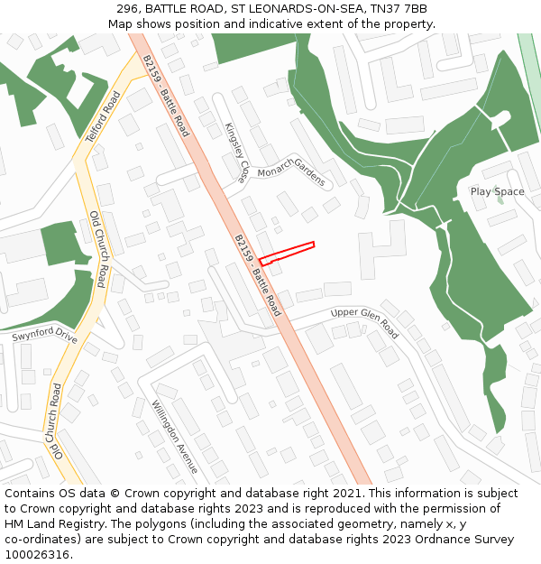 296, BATTLE ROAD, ST LEONARDS-ON-SEA, TN37 7BB: Location map and indicative extent of plot