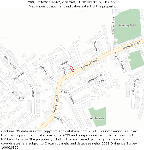 296, LEYMOOR ROAD, GOLCAR, HUDDERSFIELD, HD7 4QL: Location map and indicative extent of plot