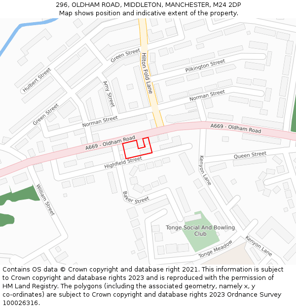 296, OLDHAM ROAD, MIDDLETON, MANCHESTER, M24 2DP: Location map and indicative extent of plot