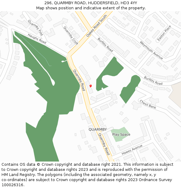 296, QUARMBY ROAD, HUDDERSFIELD, HD3 4YY: Location map and indicative extent of plot