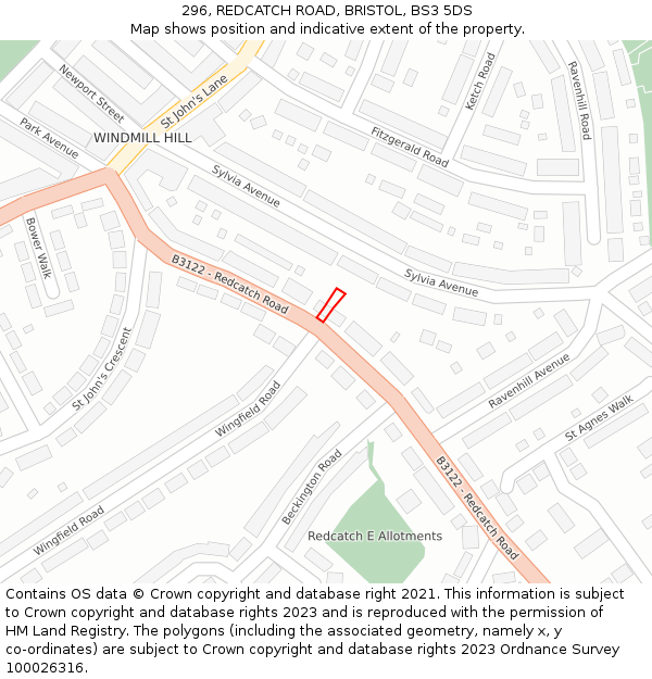 296, REDCATCH ROAD, BRISTOL, BS3 5DS: Location map and indicative extent of plot