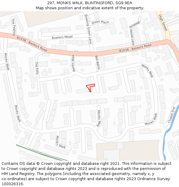 297, MONKS WALK, BUNTINGFORD, SG9 9EA: Location map and indicative extent of plot