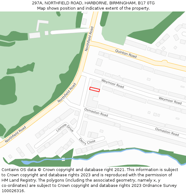 297A, NORTHFIELD ROAD, HARBORNE, BIRMINGHAM, B17 0TG: Location map and indicative extent of plot