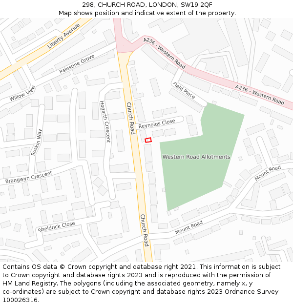 298, CHURCH ROAD, LONDON, SW19 2QF: Location map and indicative extent of plot