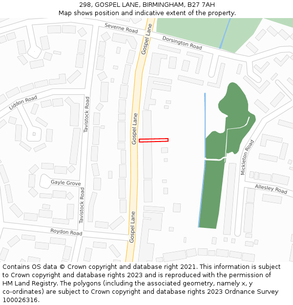 298, GOSPEL LANE, BIRMINGHAM, B27 7AH: Location map and indicative extent of plot