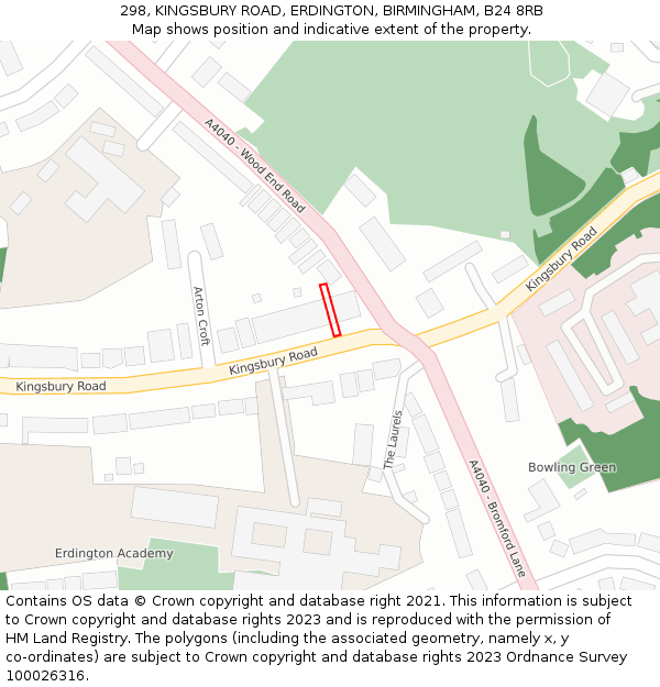 298, KINGSBURY ROAD, ERDINGTON, BIRMINGHAM, B24 8RB: Location map and indicative extent of plot