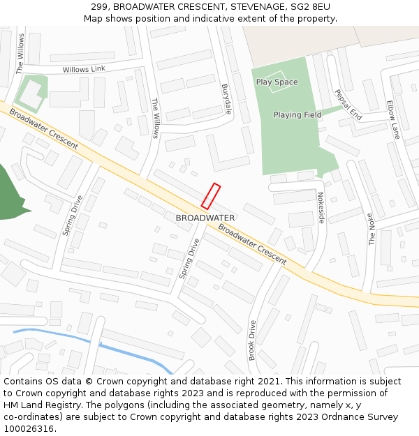 299, BROADWATER CRESCENT, STEVENAGE, SG2 8EU: Location map and indicative extent of plot