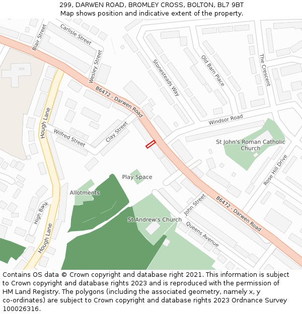 299, DARWEN ROAD, BROMLEY CROSS, BOLTON, BL7 9BT: Location map and indicative extent of plot