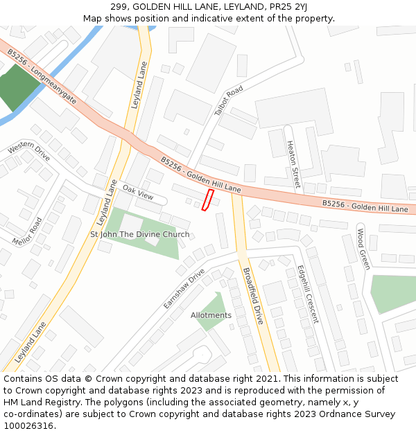 299, GOLDEN HILL LANE, LEYLAND, PR25 2YJ: Location map and indicative extent of plot