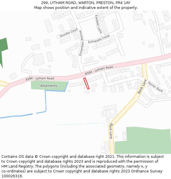 299, LYTHAM ROAD, WARTON, PRESTON, PR4 1AY: Location map and indicative extent of plot