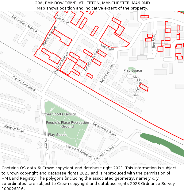 29A, RAINBOW DRIVE, ATHERTON, MANCHESTER, M46 9ND: Location map and indicative extent of plot