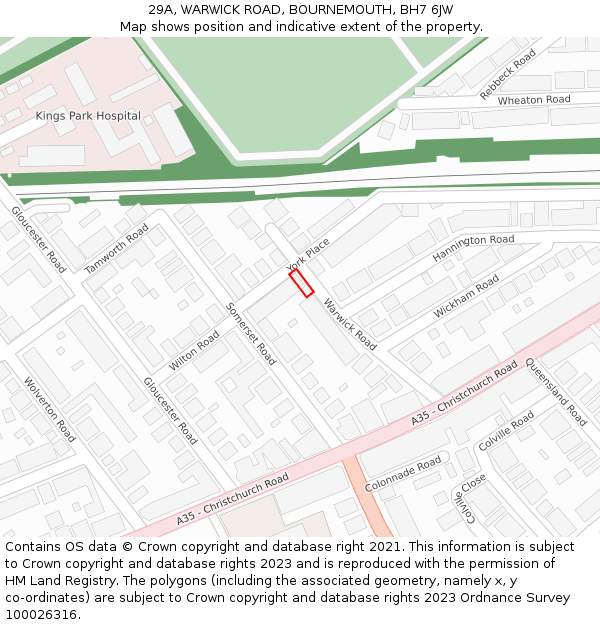 29A, WARWICK ROAD, BOURNEMOUTH, BH7 6JW: Location map and indicative extent of plot