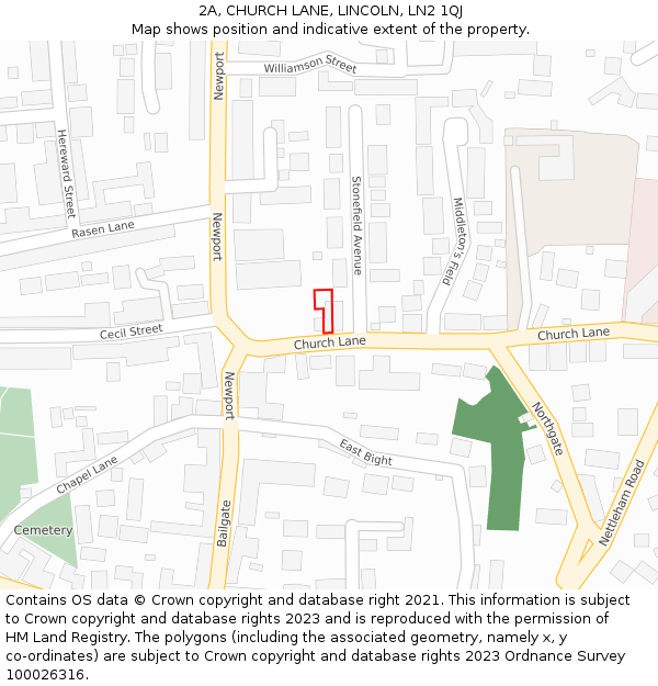 2A, CHURCH LANE, LINCOLN, LN2 1QJ: Location map and indicative extent of plot