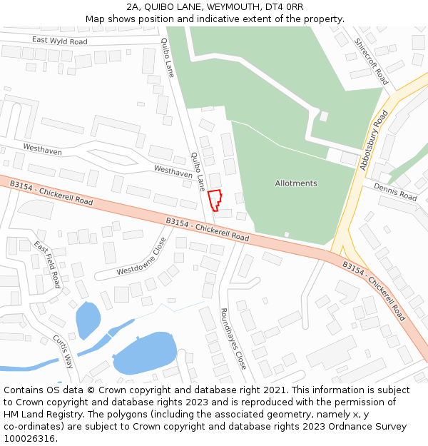 2A, QUIBO LANE, WEYMOUTH, DT4 0RR: Location map and indicative extent of plot
